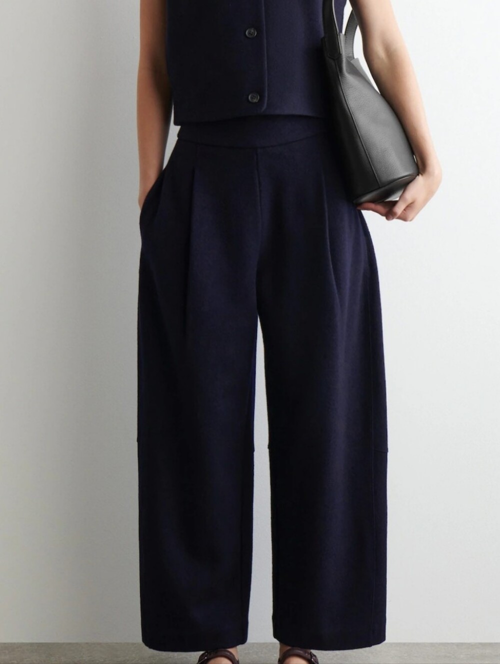 COS Boiled Wool Barrel Leg Pants Navy M Minimalist Luxury